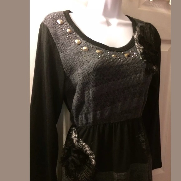 PRETTY ANGEL Dress Black Gray Knit Beaded rosette - Picture 3 of 8